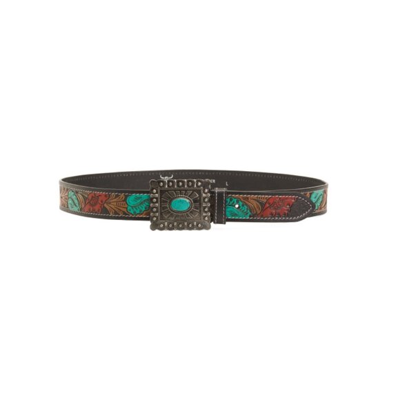 AMERICAN BISON TAN/RED Leather Floral Tooled Belt - Picture 1 of 1